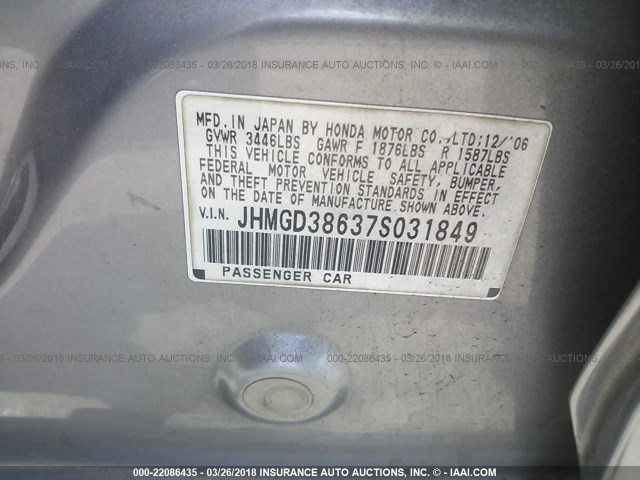 JHMGD38637S031849 - 2007 HONDA FIT S SILVER photo 9