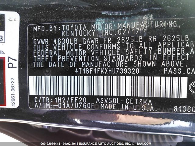 4T1BF1FKXHU739320 - 2017 TOYOTA CAMRY LE/XLE/SE/XSE BLUE photo 9
