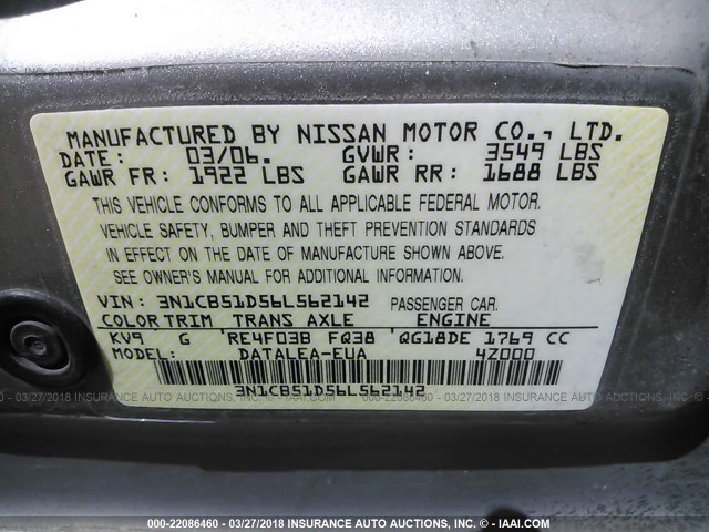 3N1CB51D56L562142 - 2006 NISSAN SENTRA 1.8/1.8S TAN photo 9