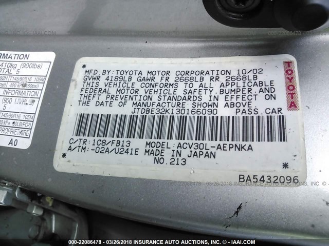 JTDBE32K130166090 - 2003 TOYOTA CAMRY LE/XLE Արծաթագույն լուսանկար 9