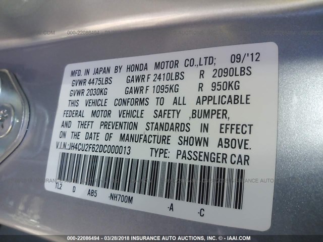 JH4CU2F62DC000013 - 2013 ACURA TSX TECH SILVER photo 9