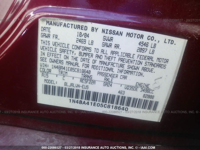 1N4BA41E05C818640 - 2005 NISSAN MAXIMA SE/SL RED photo 9