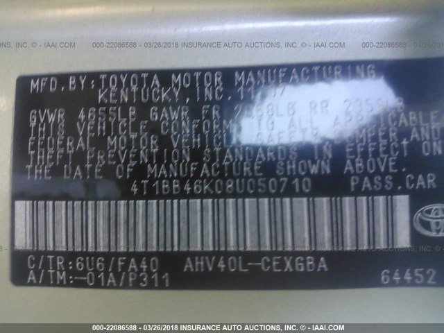 4T1BB46K08U050710 - 2008 TOYOTA CAMRY HYBRID GREEN photo 9