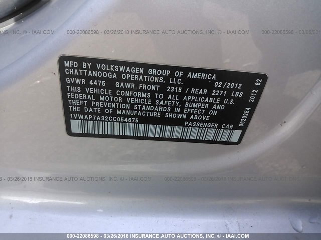 1VWAP7A32CC054675 - 2012 VOLKSWAGEN PASSAT S SILVER photo 9