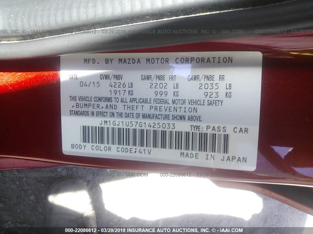 JM1GJ1U57G1425033 - 2016 MAZDA 6 SPORT RED photo 9