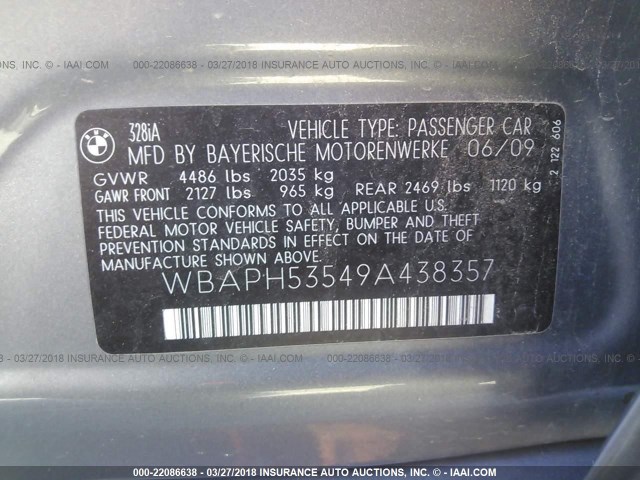 WBAPH53549A438357 - 2009 BMW 328 I SULEV GRAY photo 9