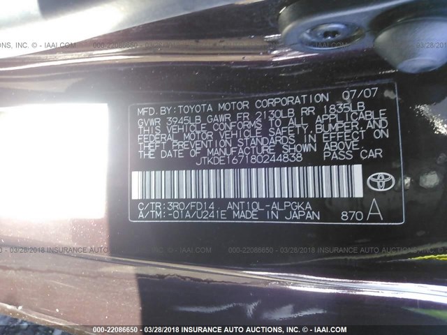 JTKDE167180244838 - 2008 TOYOTA SCION TC 勃艮第红 照片 9
