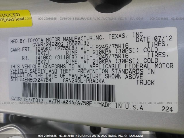 5TFLU4EN6CX047641 - 2012 TOYOTA TACOMA DOUBLE CAB ვერცხლისფერი ფოტო 9