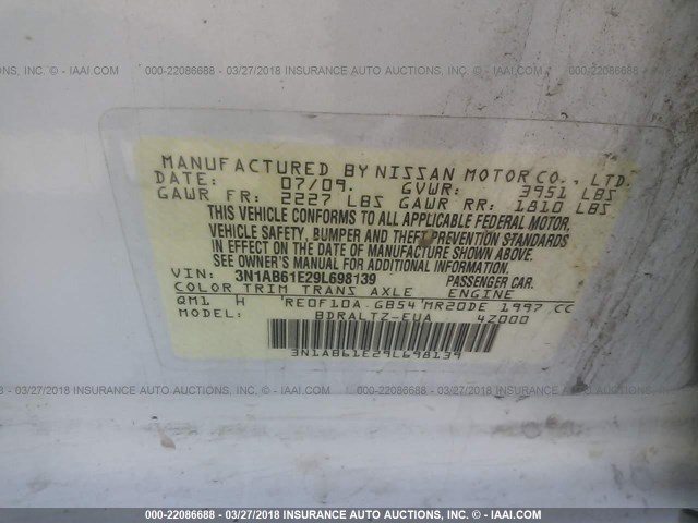 3N1AB61E29L698139 - 2009 NISSAN SENTRA 2.0/2.0S/2.0SL WHITE photo 9