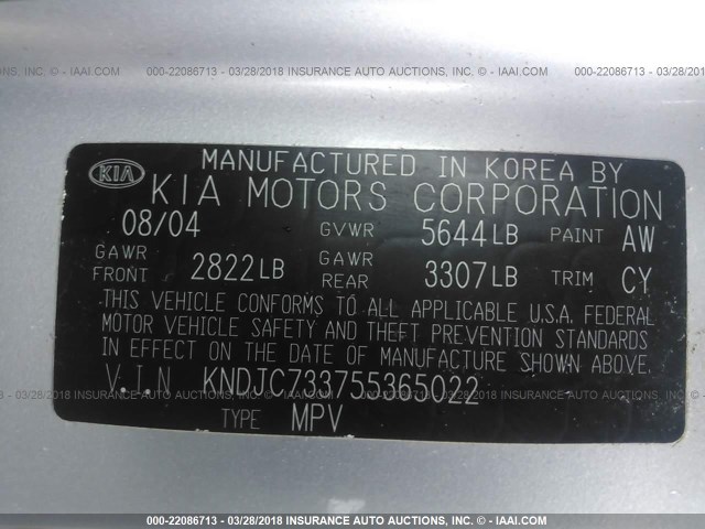 KNDJC733755365022 - 2005 KIA SORENTO EX/LX SILVER photo 9