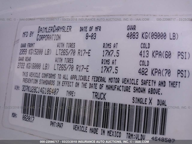 3D7KU28C14G106407 - 2004 DODGE RAM 2500 ST/SLT 白色 照片 9