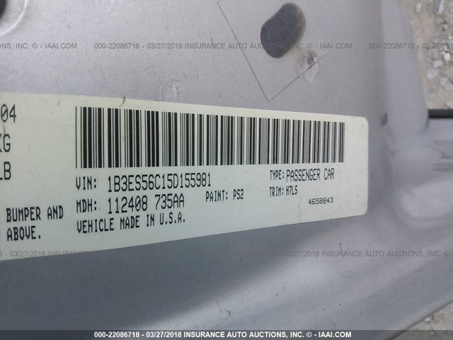 1B3ES56C15D155981 - 2005 DODGE NEON SXT SILVER photo 9