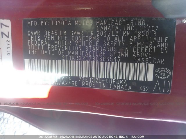 2T1KR32E78C686516 - 2008 TOYOTA COROLLA MATRIX XR RED photo 9