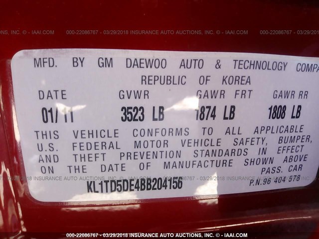 KL1TD5DE4BB204156 - 2011 CHEVROLET AVEO LS/LT 红色 照片 9