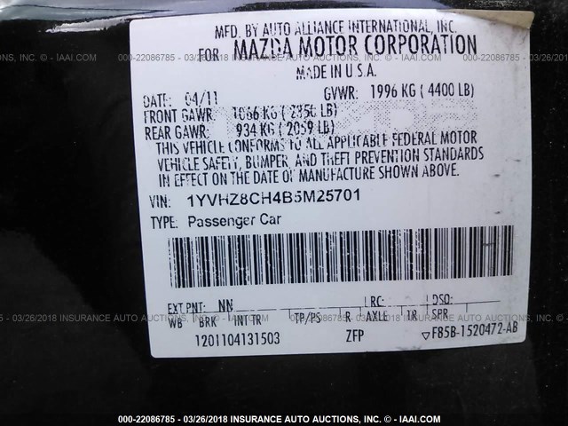 1YVHZ8CH4B5M25701 - 2011 MAZDA 6 I BLACK photo 9