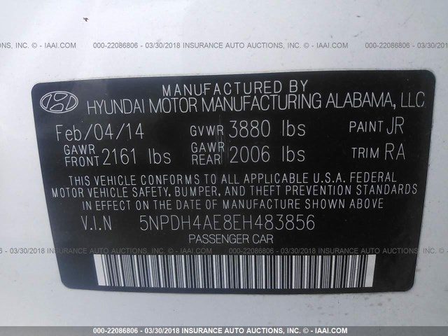 5NPDH4AE8EH483856 - 2014 HYUNDAI ELANTRA SE/SPORT/LIMITED WHITE photo 9