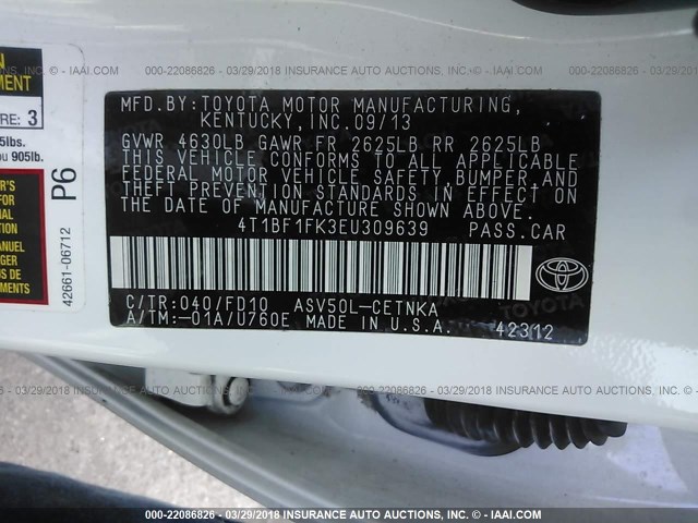 4T1BF1FK3EU309639 - 2014 TOYOTA CAMRY L/SE/LE/XLE WHITE photo 9