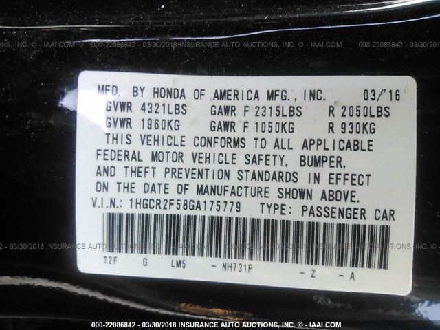 1HGCR2F58GA175779 - 2016 HONDA ACCORD SPORT 黑色 照片 9