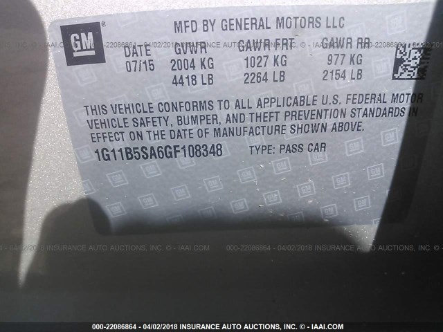 1G11B5SA6GF108348 - 2016 CHEVROLET MALIBU LIMITED LS TAN photo 9