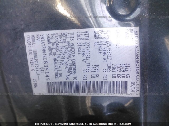 5N1AT2MV4EC835145 - 2014 NISSAN ROGUE S/SL/SV GRAY photo 9