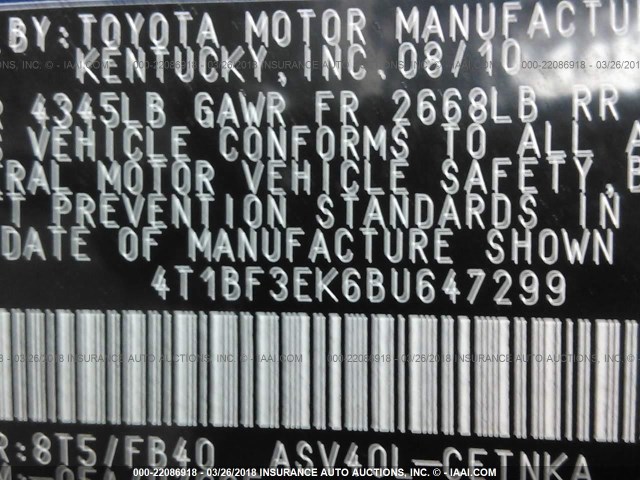 4T1BF3EK6BU647299 - 2011 TOYOTA CAMRY SE/LE/XLE Dark Blue photo 9