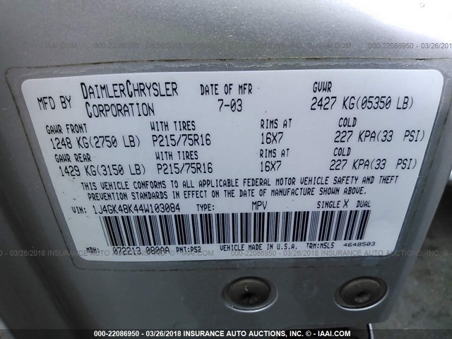 1J4GK48K44W103084 - 2004 JEEP LIBERTY SPORT 银色 照片 9