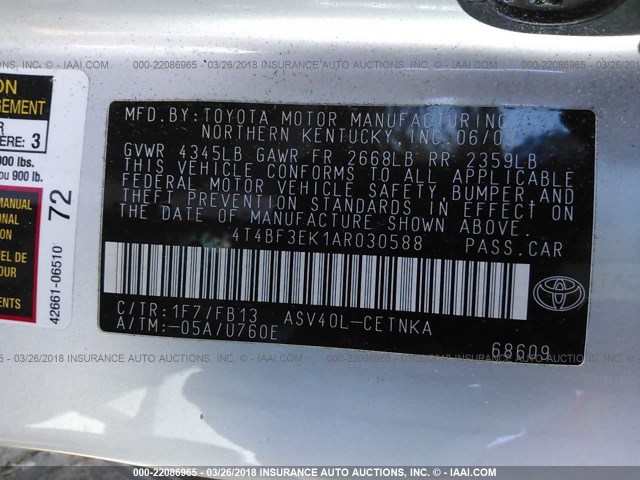 4T4BF3EK1AR030588 - 2010 TOYOTA CAMRY SE/LE/XLE SILVER photo 9