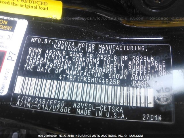 4T1BF1FK5HU449258 - 2017 TOYOTA CAMRY LE/XLE/SE/XSE შავი ფოტო 9