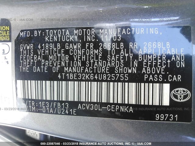 4T1BE32K64U825755 - 2004 TOYOTA CAMRY LE/XLE/SE 灰色 照片 9