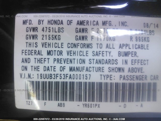 19UUB3F53FA000157 - 2015 ACURA TLX TECH MAROON photo 9