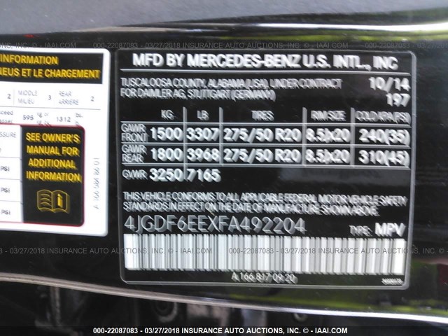4JGDF6EEXFA492204 - 2015 MERCEDES-BENZ GL 450 4MATIC BLACK photo 9