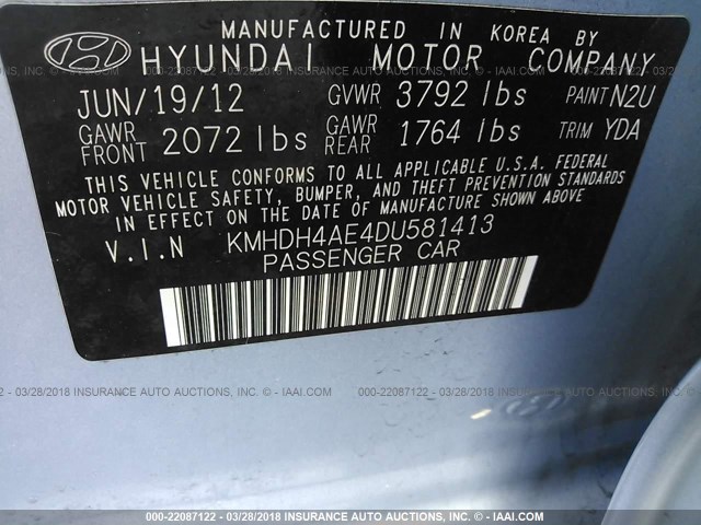 KMHDH4AE4DU581413 - 2013 HYUNDAI ELANTRA GLS/LIMITED BLUE photo 9