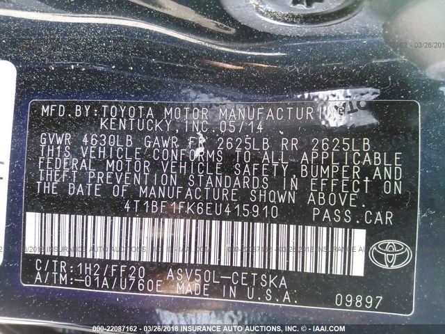 4T1BF1FK6EU415910 - 2014 TOYOTA CAMRY L/SE/LE/XLE Dark Blue photo 9