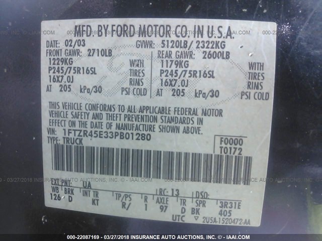 1FTZR45E33PB01280 - 2003 FORD RANGER SUPER CAB BLACK photo 9