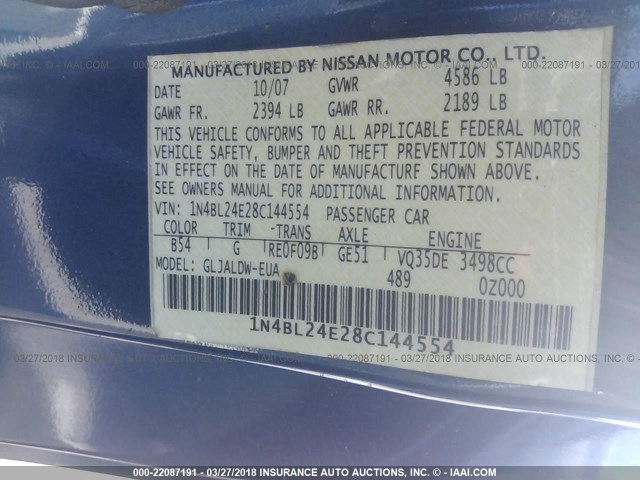 1N4BL24E28C144554 - 2008 NISSAN ALTIMA 3.5SE BLUE photo 9