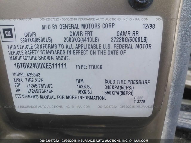 1GTGK24U0XE511111 - 1999 GMC NEW SIERRA K2500 GOLD photo 9