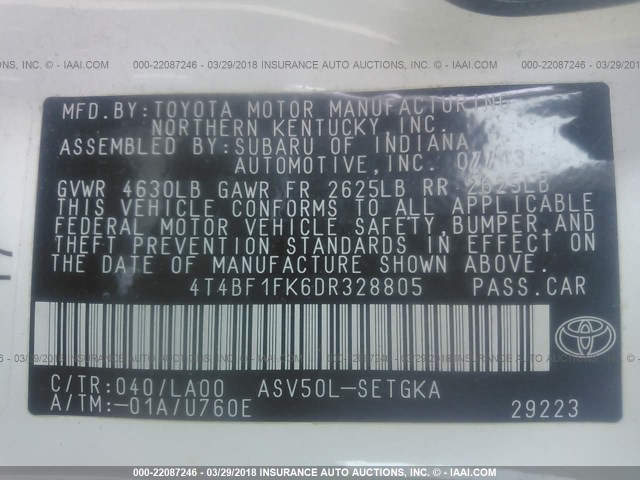 4T4BF1FK6DR328805 - 2013 TOYOTA CAMRY L/SE/LE/XLE WHITE photo 9