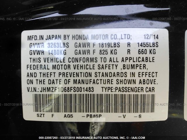 JHMZF1D68FS001483 - 2015 HONDA CR-Z EX BLACK photo 9