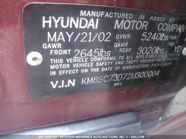 KM8SC73D72U300004 - 2002 HYUNDAI SANTA FE GLS/LX BURGUNDY photo 9