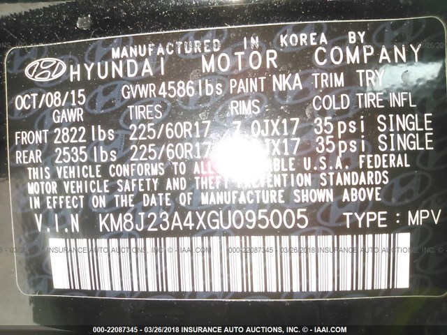 KM8J23A4XGU095005 - 2016 HYUNDAI TUCSON SE BLACK photo 9