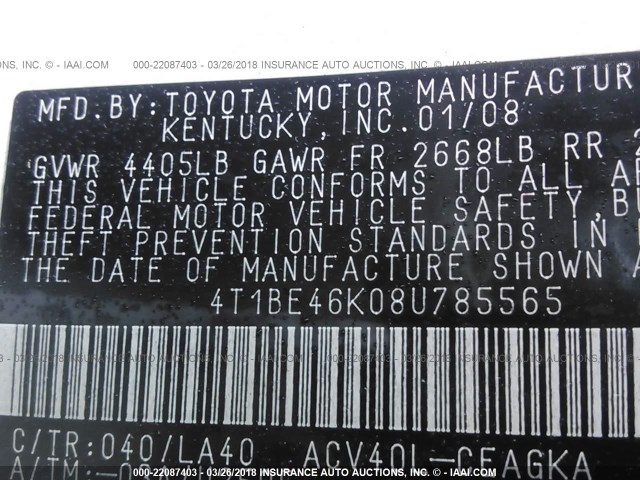 4T1BE46K08U785565 - 2008 TOYOTA CAMRY CE/LE/XLE/SE WHITE photo 9