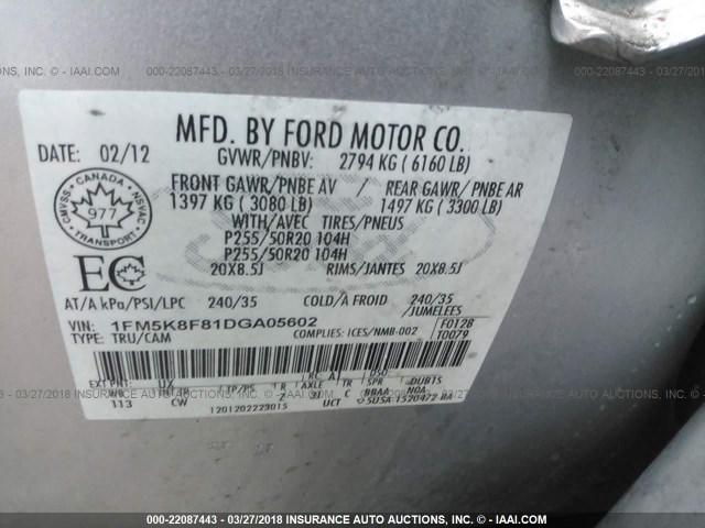 1FM5K8F81DGA05602 - 2013 FORD EXPLORER LIMITED 银色 照片 9