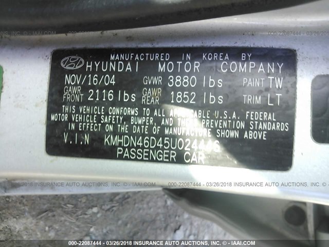 KMHDN46D45U024446 - 2005 HYUNDAI ELANTRA GLS/GT SILVER photo 9