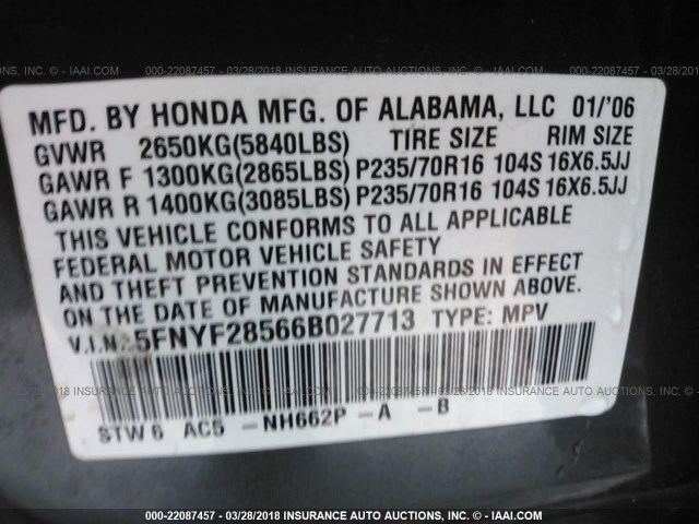 5FNYF28566B027713 - 2006 HONDA PILOT EX BLUE photo 9