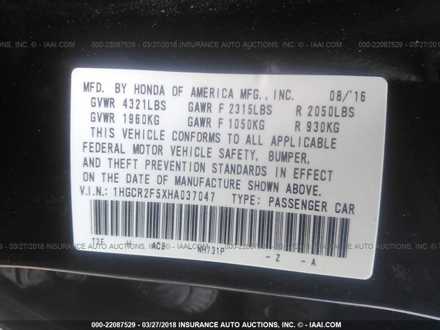 1HGCR2F5XHA037047 - 2017 HONDA ACCORD SPORT أسود صورة 9