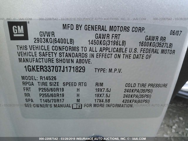 1GKER33707J171829 - 2007 GMC ACADIA SLT-2 GRAY photo 9