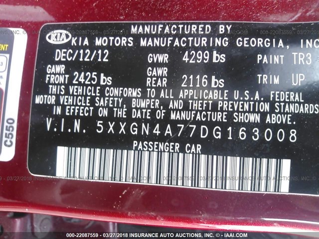 5XXGN4A77DG163008 - 2013 KIA OPTIMA EX RED photo 9