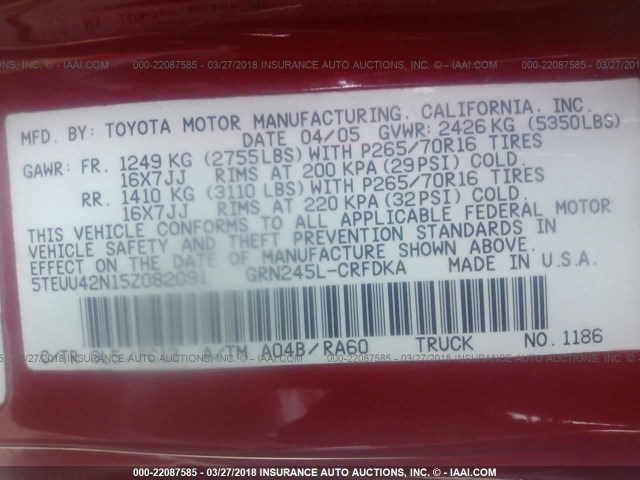 5TEUU42N15Z082091 - 2005 TOYOTA TACOMA ACCESS CAB Rot Foto 9