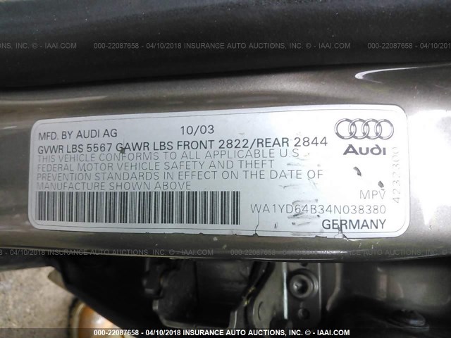 WA1YD64B34N038380 - 2004 AUDI ALLROAD BROWN photo 9