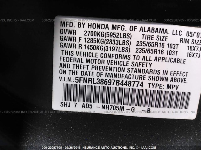 5FNRL38697B448774 - 2007 HONDA ODYSSEY EXL ნაცრისფერი ფოტო 9